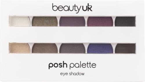 En vit box innehåller två rader av färgglada ögonskuggor, märkt 'Posh Palette' av beauty uk.