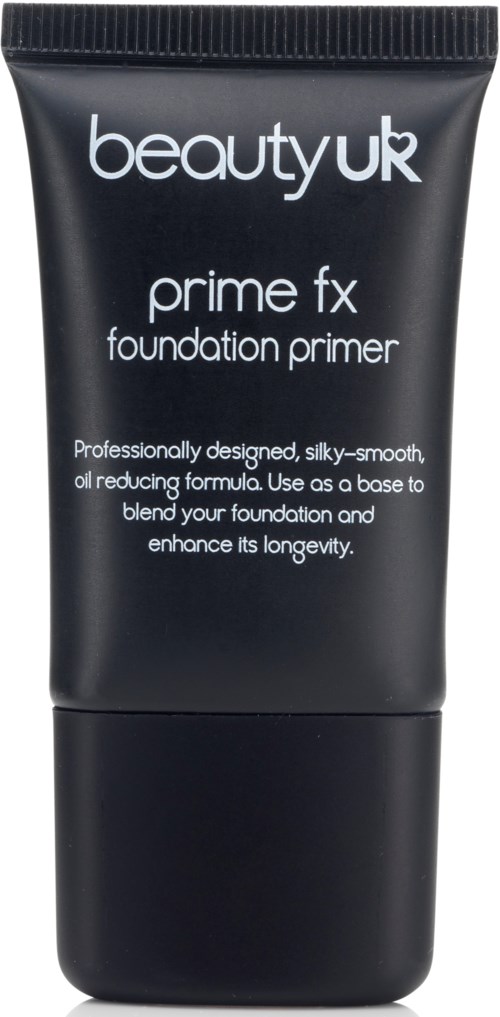 Musta putkilo, jossa valkoinen teksti, nimeltä 'beauty uk prime fx foundation primer'. Tarjoaa tasaisen, öljyä vähentävän meikkipohjan.