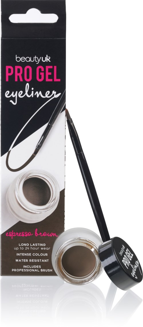 Eine schwarz-weiße Verpackung mit pinken Buchstaben, zeigt einen Gel Eyeliner-Topf, Pinsel und Gebrauchsanweisung für langanhaltenden Gebrauch.