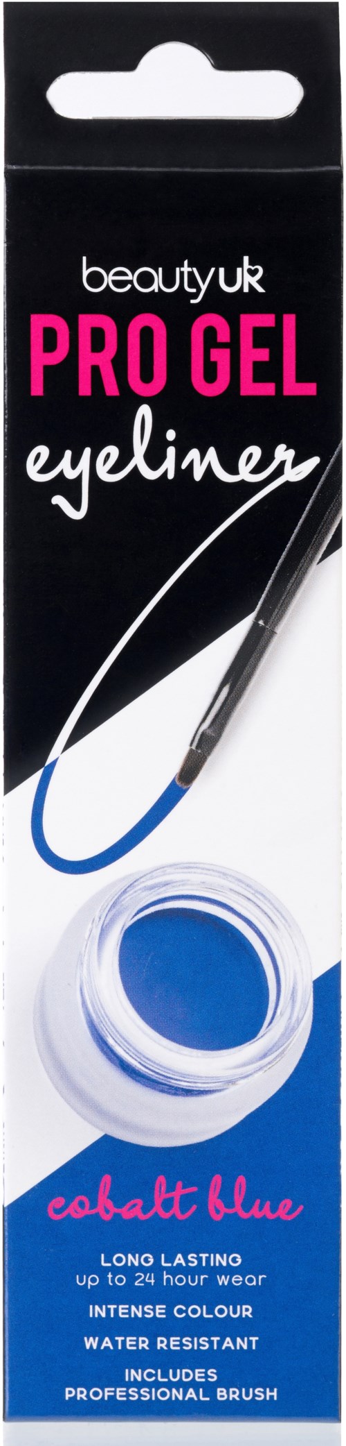 A packaging for blue gel eyeliner, labeled 'beauty uk PRO GEL,' with a small brush included and product details.