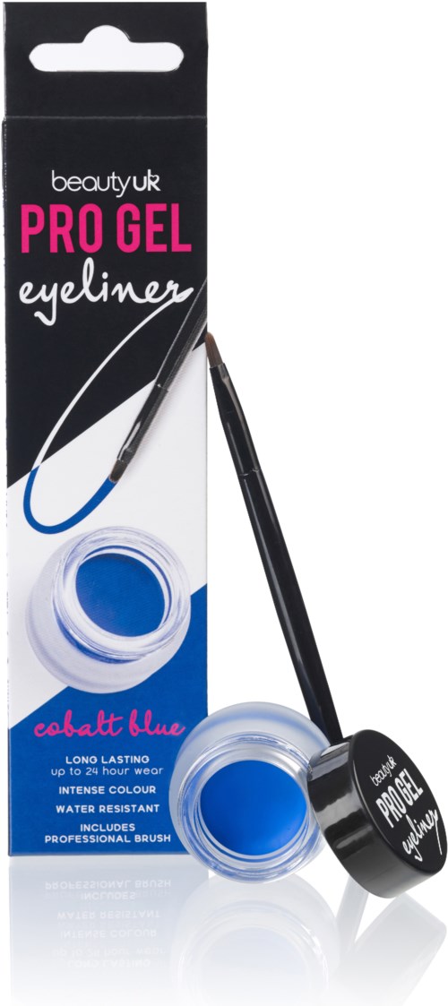 A black box with pink and white text holds a gel eyeliner with a blue color. The product includes a brush.