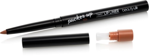 A black lip liner pencil with a beige tip and a cap, labeled 'pucker up' and 'twist lip liner'.