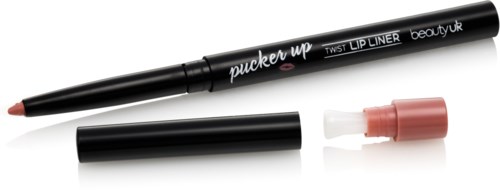 A black makeup crayon with pink and white cap, labeled 'pucker up' and 'twist lip liner'.
