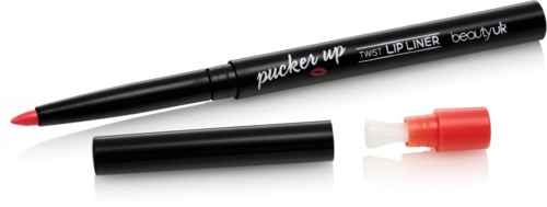 A black lip liner pen with red lipstick print, and a removable cap, lying on a white background.