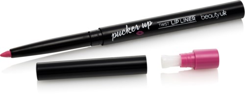 A black lip liner with pink lipstick, separate cap, and white applicator. The lip liner has white text on it.