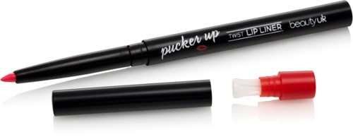 Ein schwarzer Lippenkonturenstift mit roter Spitze und Kappe, mit der Aufschrift "pucker up" und "TWIST LIP LINER."