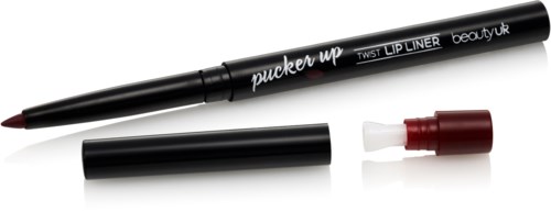 A black lip liner pencil with a red and white cap, labeled 'pucker up' and 'TWIST LIP LINER'.