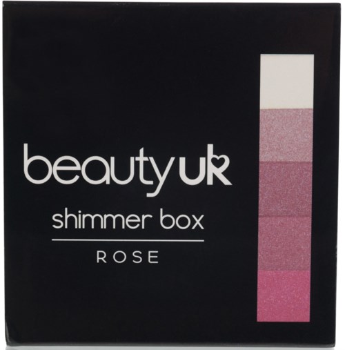 Schwarze Box mit rosa und weißen Farbmustern auf der rechten Seite, beschriftet 'beauty uk shimmer box ROSE'.