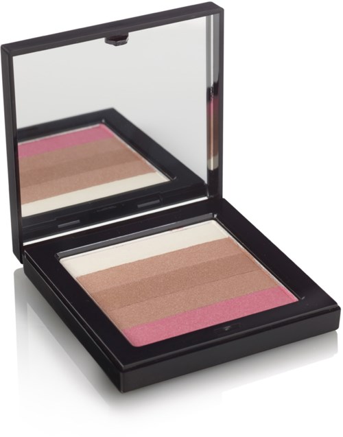 Eine Make-up-Palette mit Rosa-, Beige- und Braunnuancen in einem schwarzen Gehäuse mit Spiegel.