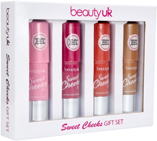 A gift set includes four lip gloss tubes in pink, red, orange, and beige colors labeled 'Sweet Cheeks' by beautyUK.