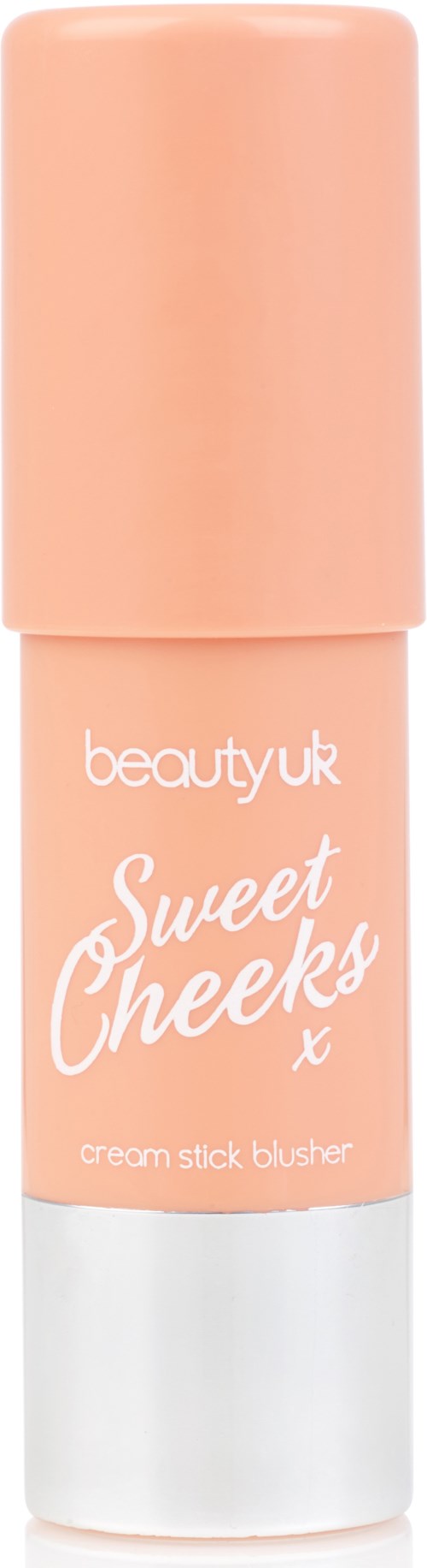 Ein pfirsichfarbiger Beauty-Produkt-Rohr mit 'Sweet Cheeks' Aufschrift, Cream Stick Blush. Der Deckel und der Körper sind hauptsächlich pfirsichfarben, mit weißem Text.