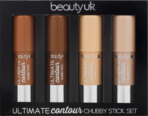 Four concealer sticks in different shades in a black box, labeled 'ULTIMATE contour Chubby Stick Set.'