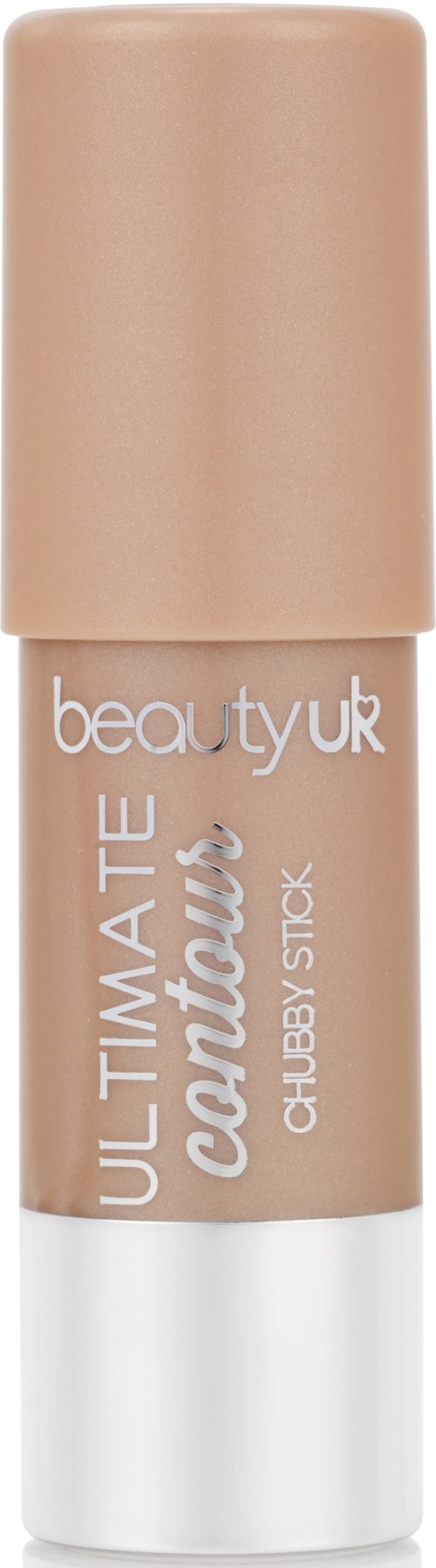 Beige huulirasva tikkuna, valkoinen pohja ja beige kansi, merkinnät 'beauty uk,' 'ULTIMATE CONTOUR,' ja 'CHUBBY STICK.'