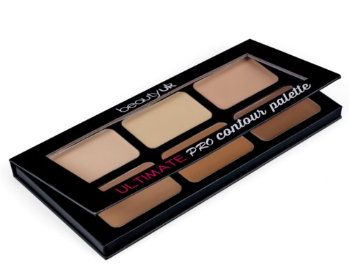 En svart palettlåda med sex nyanser av makeup för ansiktskonturer, märkt 'ULTIMATE PRO contour palette.'