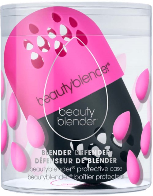 Beauty blender in pink and black inside a clear case with pink drops design.