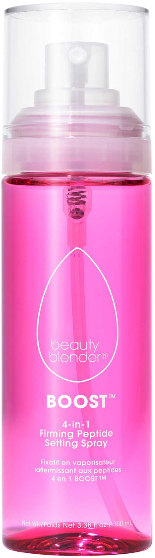 A pink spray bottle labeled 'beauty blender BOOST,' a 4-in-1 firming peptide setting spray, with a clear cap.