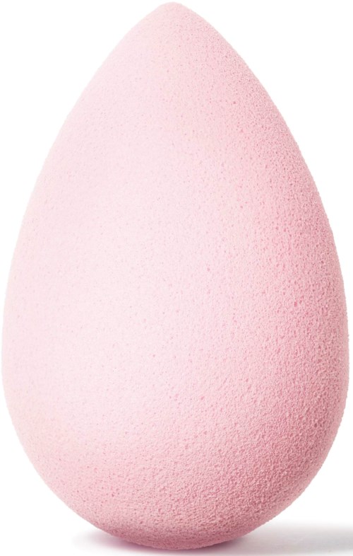 A soft pink makeup sponge with a rounded shape and textured surface.