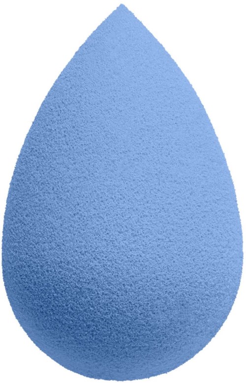 A blue teardrop-shaped makeup sponge with a round bottom and pointed top.