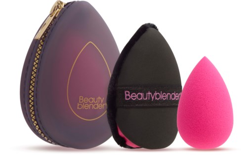 A purple makeup sponge case, a black sponge holder, and a pink makeup sponge in different sizes.