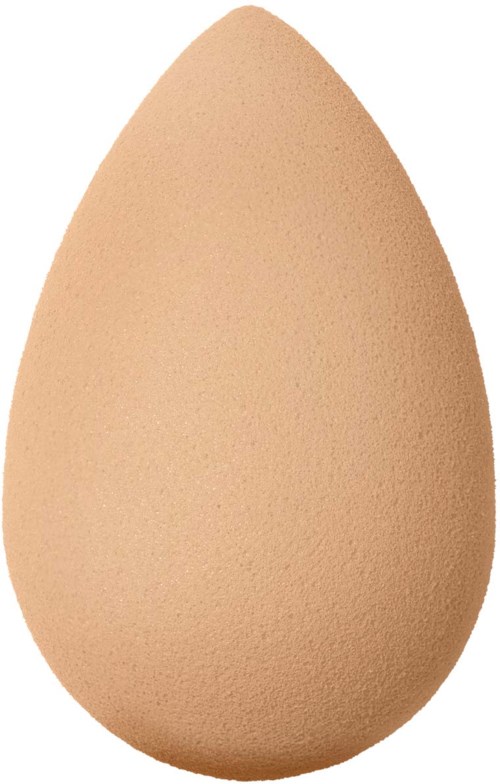 A large beige makeup sponge with a teardrop shape and smooth texture.