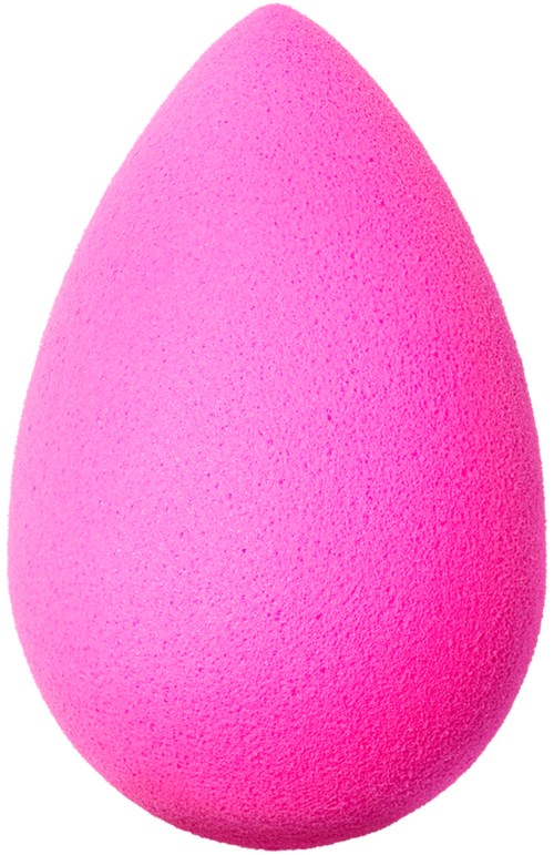 A pink makeup sponge with a teardrop shape, soft texture, and rounded tip for applying cosmetics.