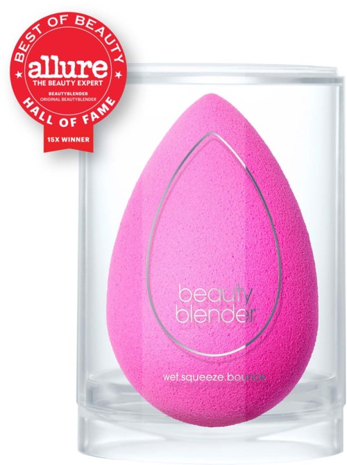 A pink beauty sponge called WetSqueeze in transparent box, with Allure Hall of Fame badge.