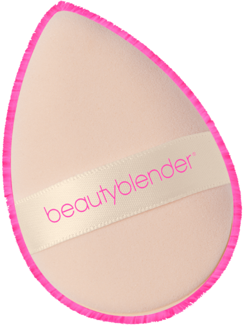 A teardrop-shaped makeup sponge with pink edging and 'beautylender' written on a cream band.