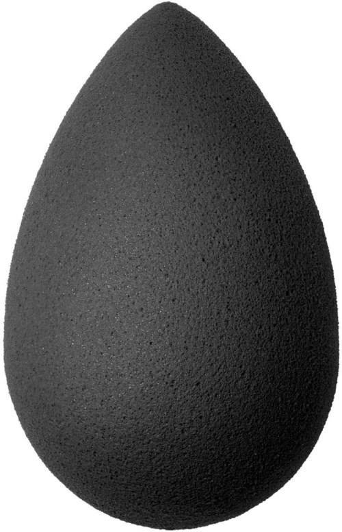 A black makeup sponge with a teardrop shape and rough texture.