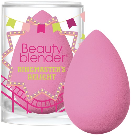 A pink beauty sponge next to a clear container with colorful decorations and text.