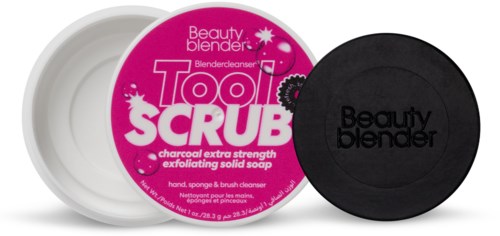 A round container for a beauty blender cleaning tool, with pink and black labels, showing the product name and details.