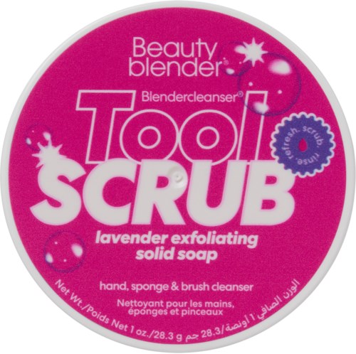 Pink circular label with white and purple text, promoting lavender exfoliating soap for hands, sponges, and brushes.