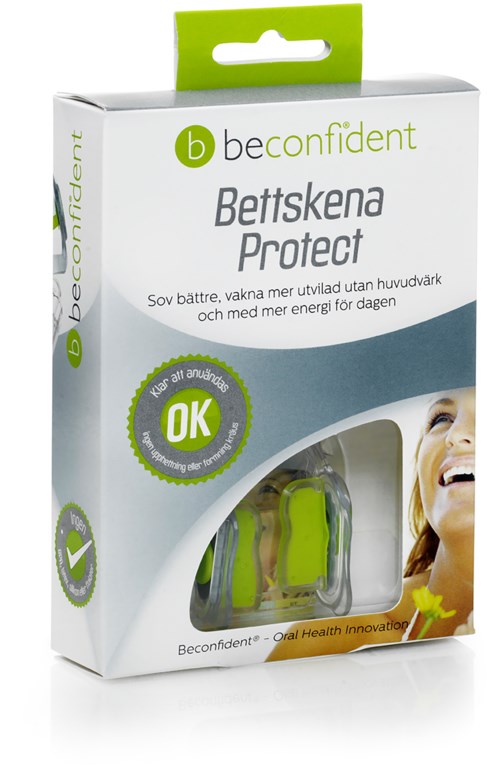 A box of Beconfident Bettskena Protect for better sleep without snoring, with green and white packaging, and an unclear image showing a woman.