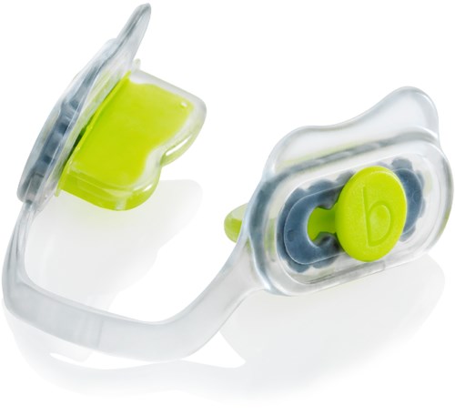 Silicone in-ear hearing aids with green and gray controls and a transparent casing.