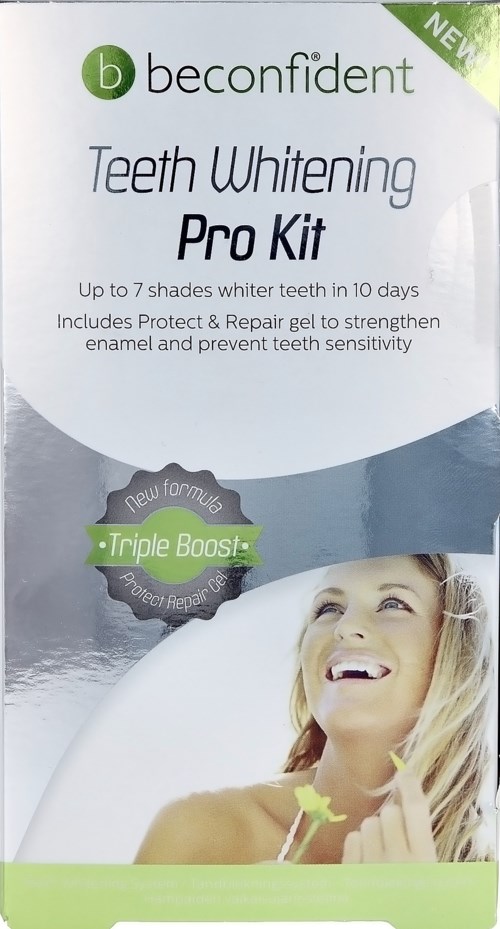 Logo und Verpackung für Beconfident Teeth Whitening Pro Kit mit lächelnder Frau, grün-weißes Design, fördert Aufhellung in 10 Tagen.