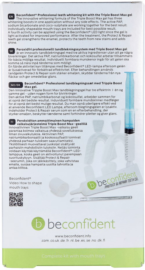 Ein Faltblatt, das ein Zahnbleaching-Set mit UV-Licht, Gel und Werkzeugen bewirbt, mit Fokus auf sichere und wirksame Ergebnisse.