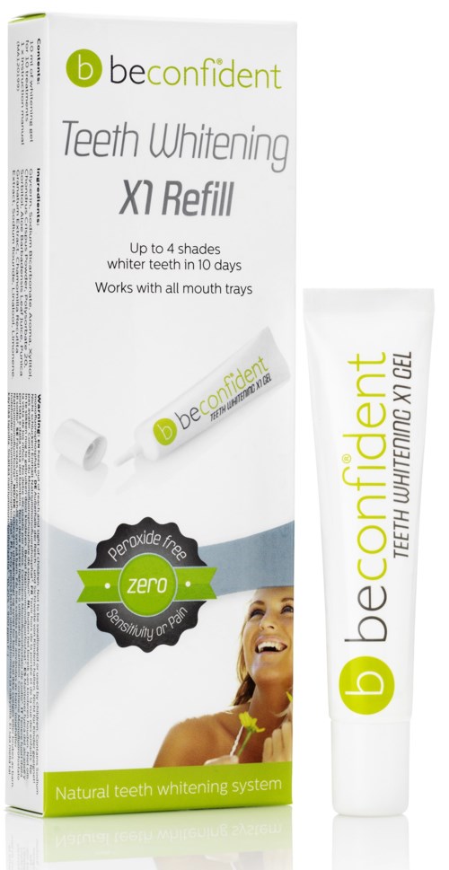 Eine Schachtel und Tube mit Zahnaufhellungsgel, zeigt eine lächelnde Frau und Produktdetails auf der Verpackung.
