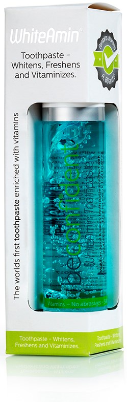 Eine Flasche WhiteAmin Zahnpasta in einer weißen Verpackung mit grünen und blauen Akzenten, verspricht Zähne aufzuhellen und zu erfrischen.