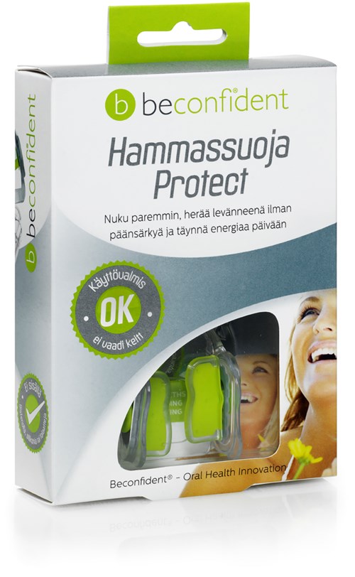 Pakkaus beconfident Hammassuoja Protect -suojaksi suuhun loukkaantumisia vastaan urheilussa tai onnettomuuksissa.