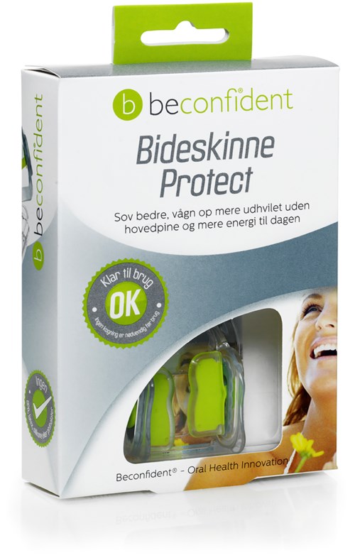 Bild av en Eske med Beconfident Bideskinne Protect munnbeskyttere, med en smilende kvinne og grønn- og hvitt emballasj.