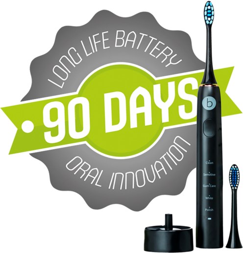 Lange Batterielaufzeit, orale Innovation, 90 Tage, Zahnbürste mit zwei Bürstenköpfen und verschiedenen Reinigungsmodi.