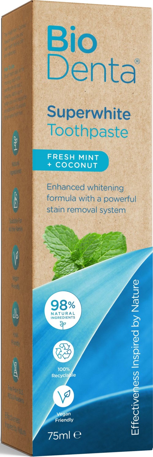 Eine Zahnpastaverpackung mit Bio Denta Superwhite, frischer Minze und Kokos, betont Aufhellung, natürliche Inhaltsstoffe und Umweltfreundlichkeit.