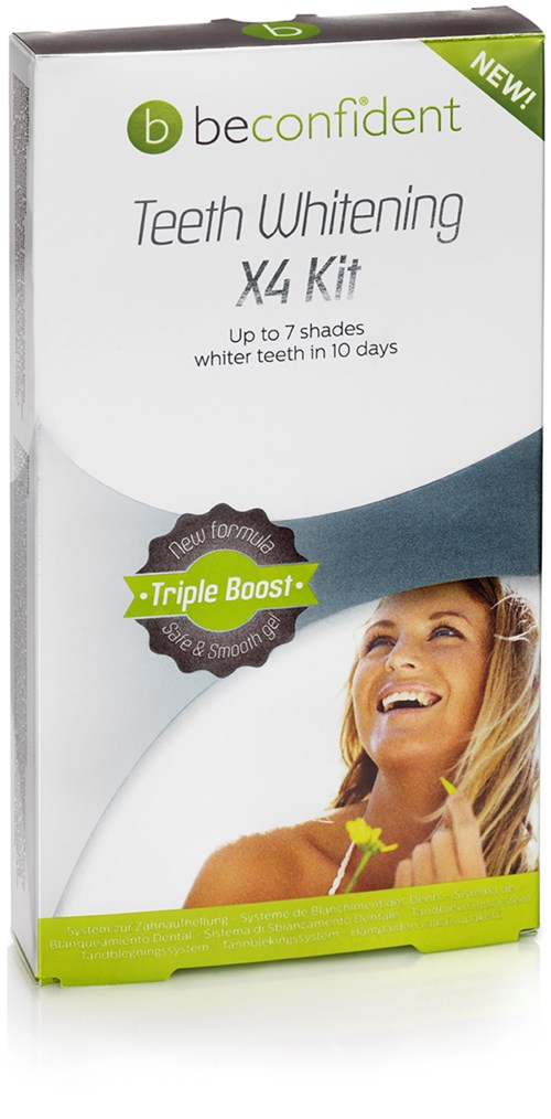A box labeled 'Teeth Whitening X4 Kit' with a smiling woman, green accents, and mentions of teeth whitening in 10 days.