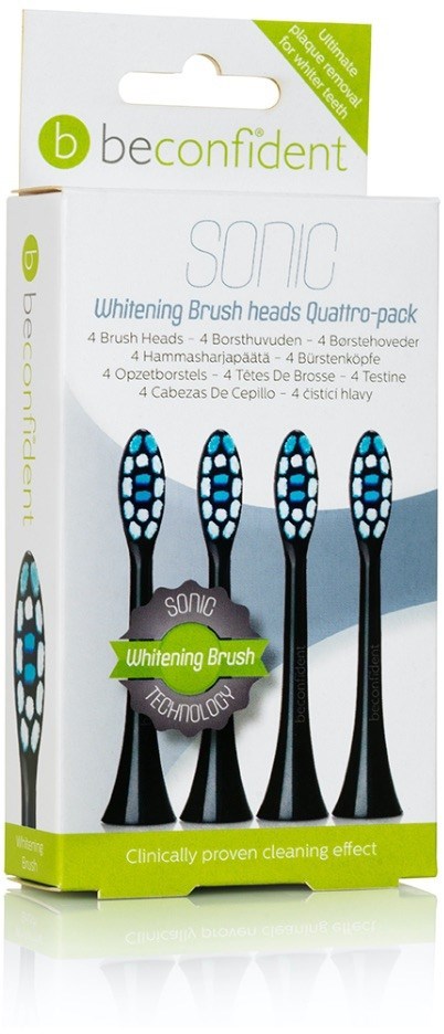 Ein Paket mit vier schwarzen und blauen Zahnbürstenköpfen namens Sonic Whitening Brush von Be Confident.