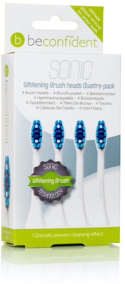 Verpackung enthält vier blaue Zahnbürsten mit weißen Griffen und blauen Bürstenköpfen, gekennzeichnet für Zahnpasta, mit Reinigungs- und Bleaching-Aussagen.