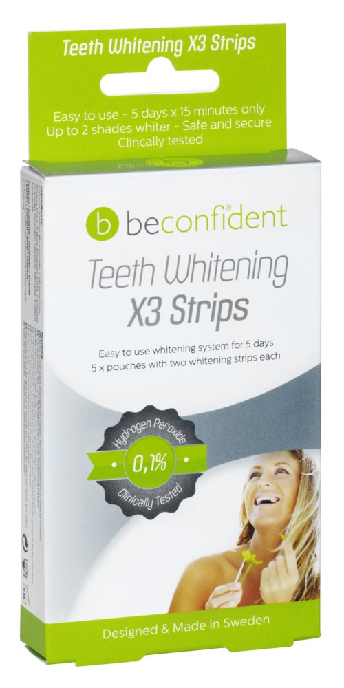 Schachtel mit Zahnpflege-Streifen, lächelndes Mädchen, grüne und weiße Farben, Produktdetails in Text.