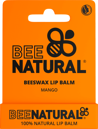 Orange packaging for Bee Natural beeswax lip balm with mango flavor, featuring a black logo and text.