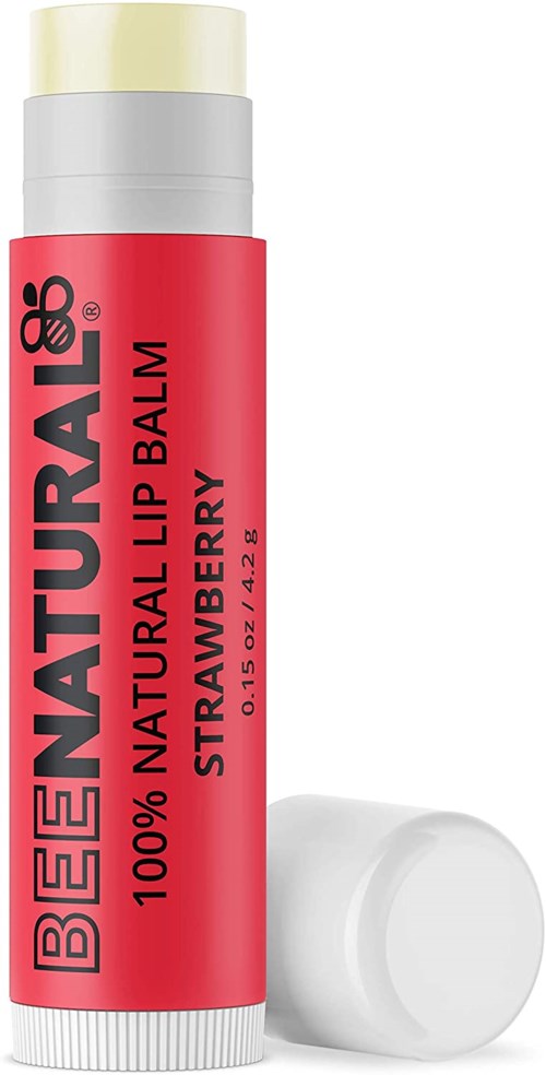 A red lip balm tube labeled '100% Natural Be Natural Strawberry Lip Balm' with a white cap.