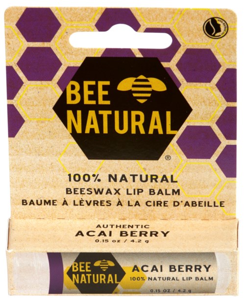 Bee Natural acai berry lip balm with honeycomb design, soft purple and yellow colors, and natural ingredients label.