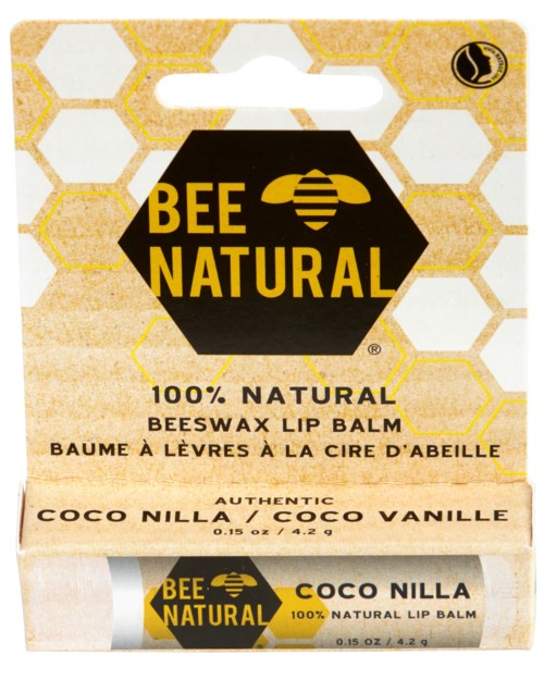 Lip balm in honeycomb packaging, black and yellow label, natural beeswax, coconut vanilla flavor.