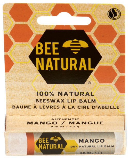 A honey bee logo on honeycomb-patterned packaging for natural beeswax lip balm. It features mango flavor.